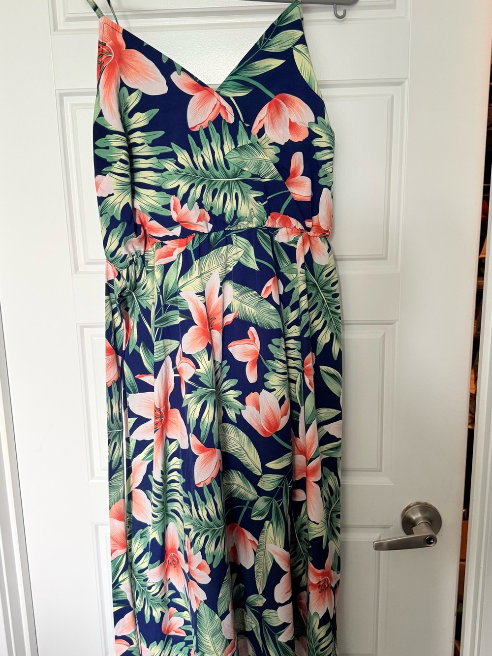 Navy Tropical Floral Maxi Dress with Coral Blooms